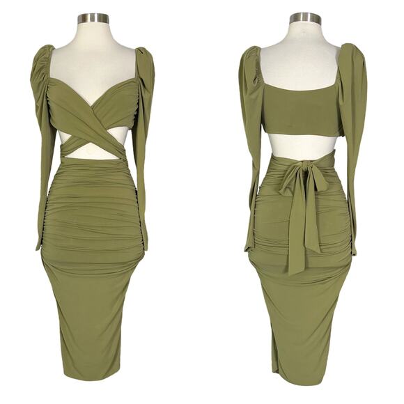 NEW Majorelle | Revolve Darla Olive Green Cut Out Tie Ruched Sexy Midi Dress XXS - Picture 10 of 11